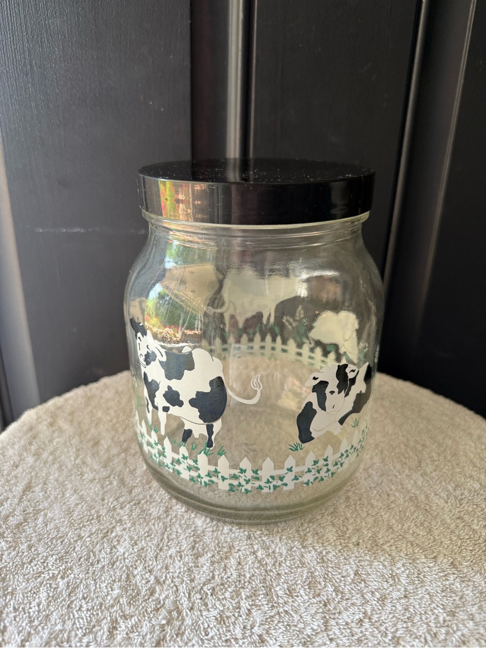 Anchor Hocking Cow Pattern With White Picket Fence Glass Jar Pasture Container